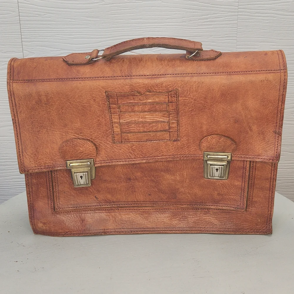 Vintage Brown Leather Briefcase: Handmade Moroccan Travel Bag, 1980s